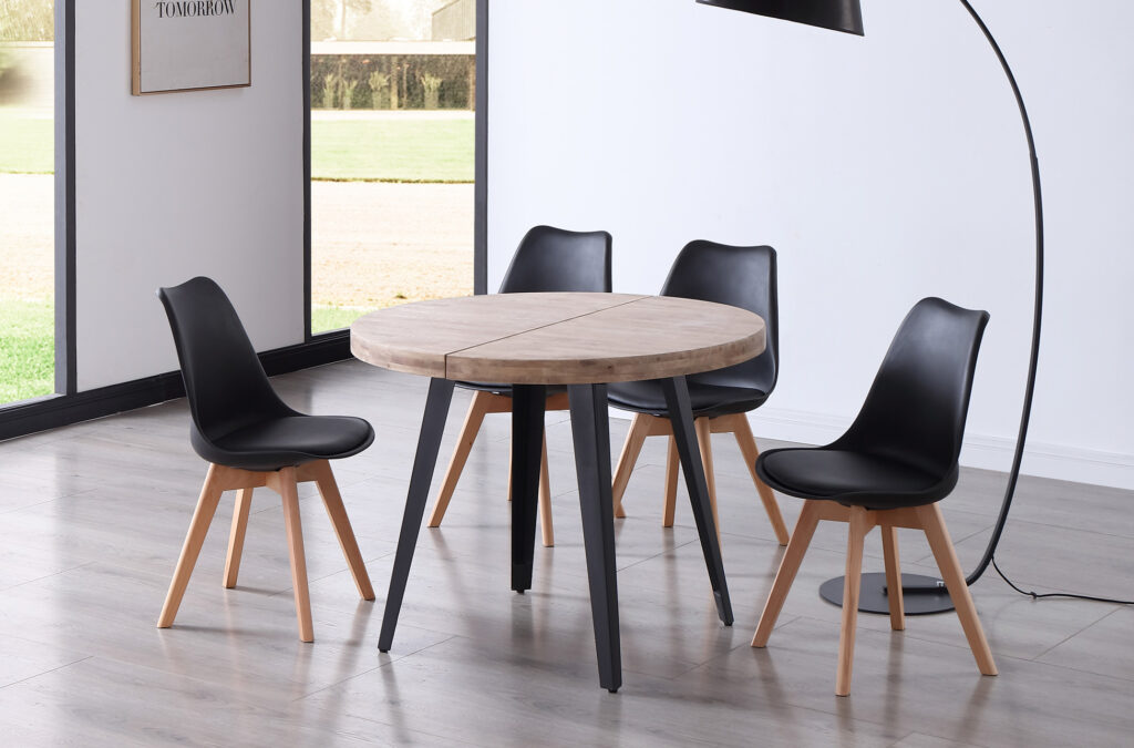 Mesa comedor redonda extensible Berg roble Honey / negro 100 – 140 – 180 cm