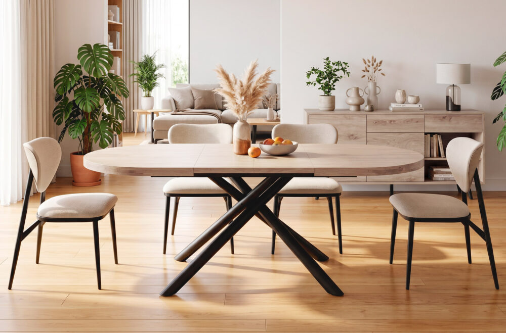 Mesa de comedor ovalada extensible Senda en roble Honey y negro