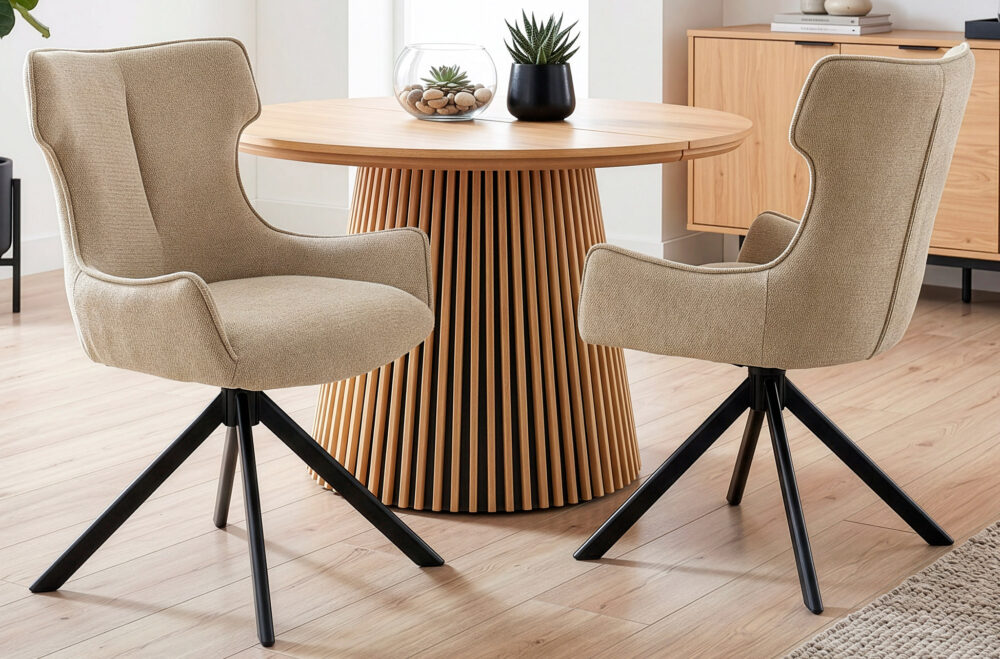 Silla de comedor giratoria Robert en tejido beige