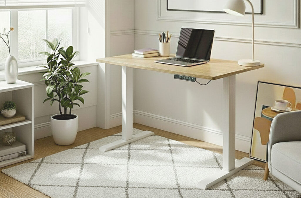 Mesa de estudio elevable motorizada en roble y blanco