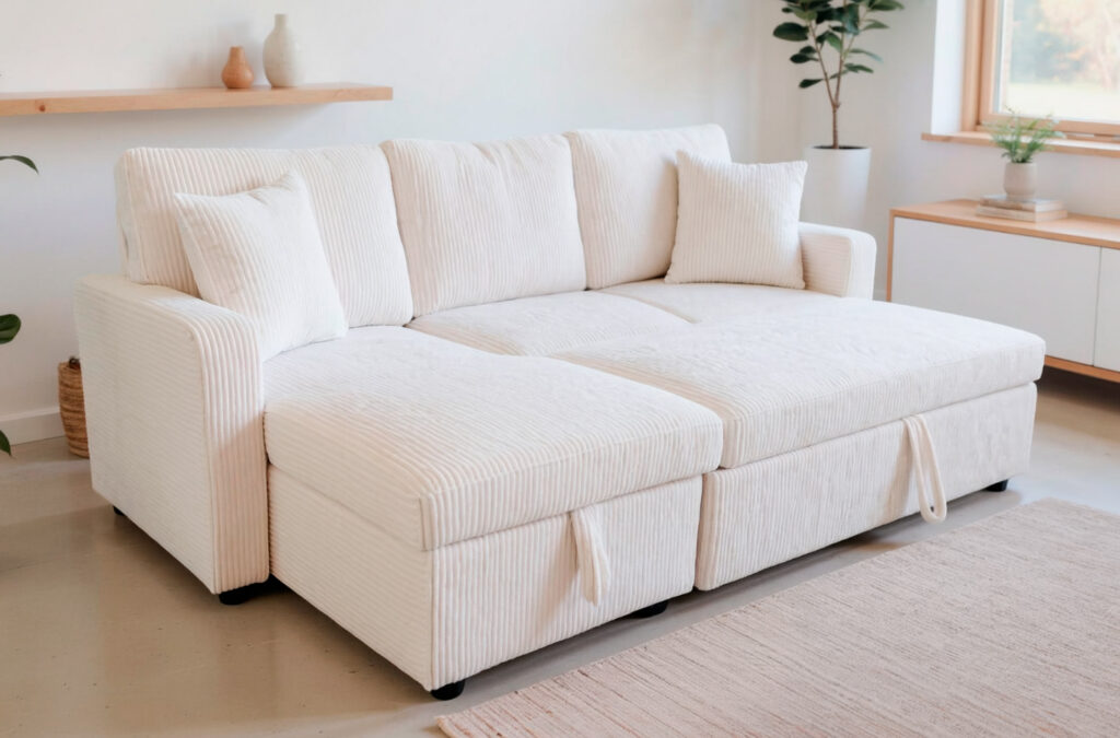Sofá cama chaise longue con arcón en pana crema