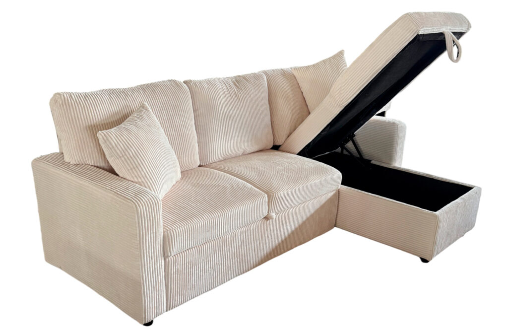 Sofá cama chaise longue con arcón en pana crema