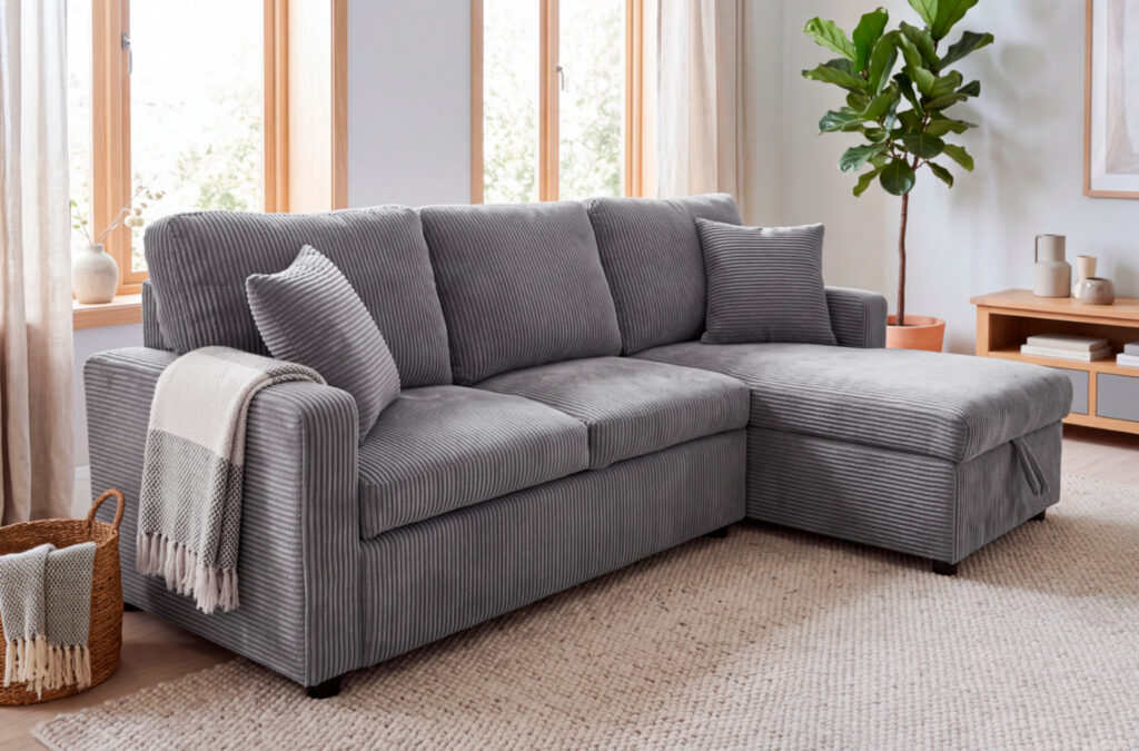 Sofá cama chaise longue con arcón en pana gris