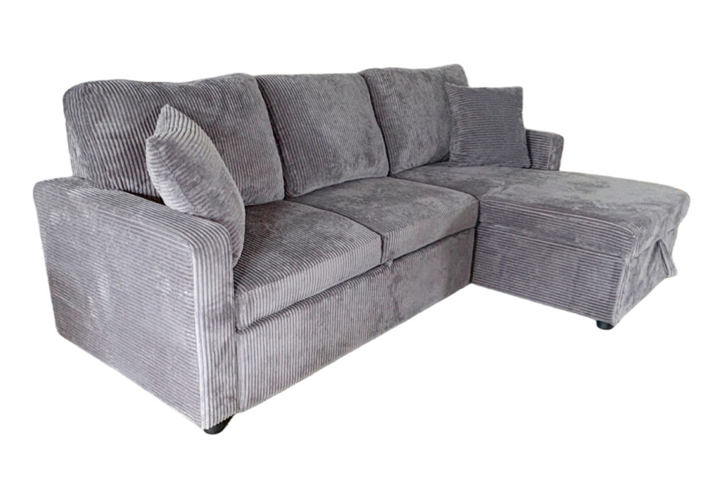 Sofá cama chaise longue con arcón en pana gris