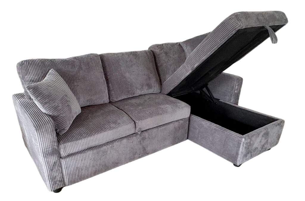 Sofá cama chaise longue con arcón en pana gris