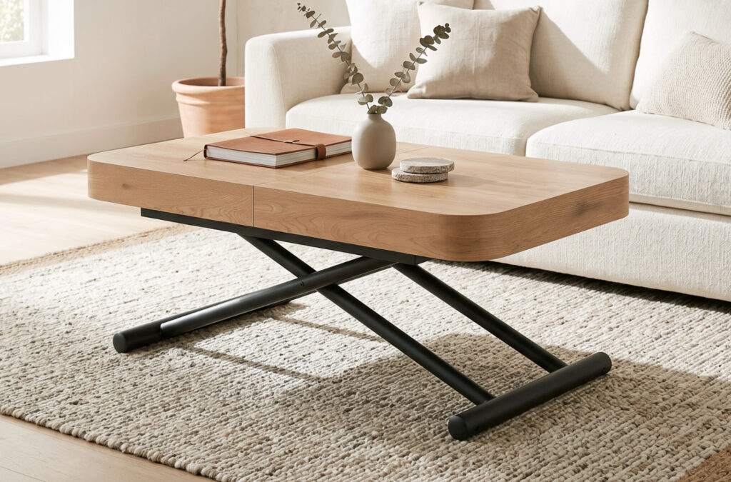 Mesa de centro elevable y extensible Turín con elevación eléctrica, roble y negro