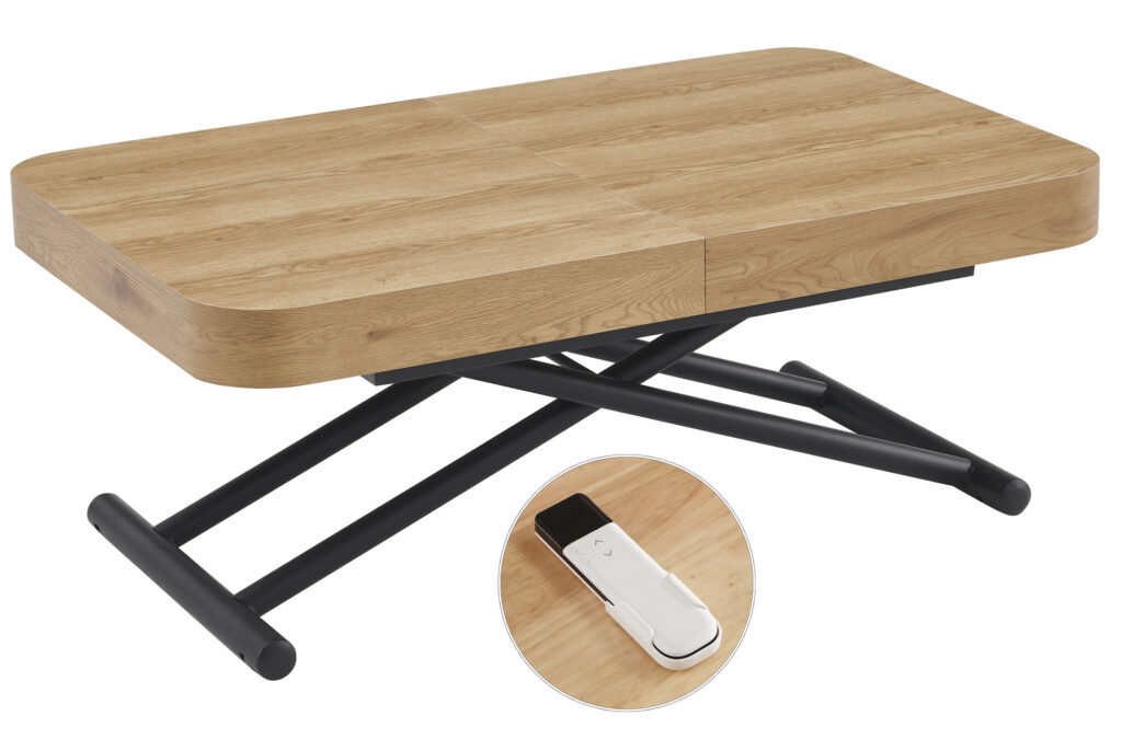 Mesa de centro elevable y extensible Turín con elevación eléctrica, roble y negro