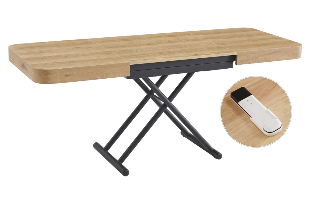Mesa de centro elevable y extensible Turín con elevación eléctrica, roble y negro
