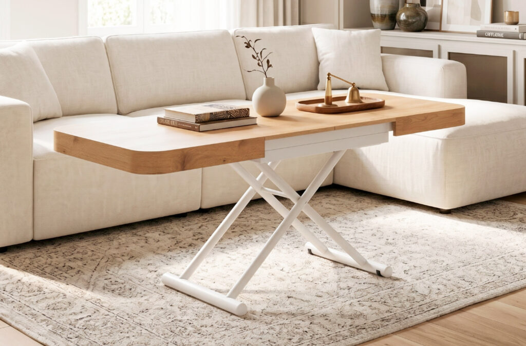 Mesa de centro elevable y extensible Turín con elevación eléctrica, roble y blanco