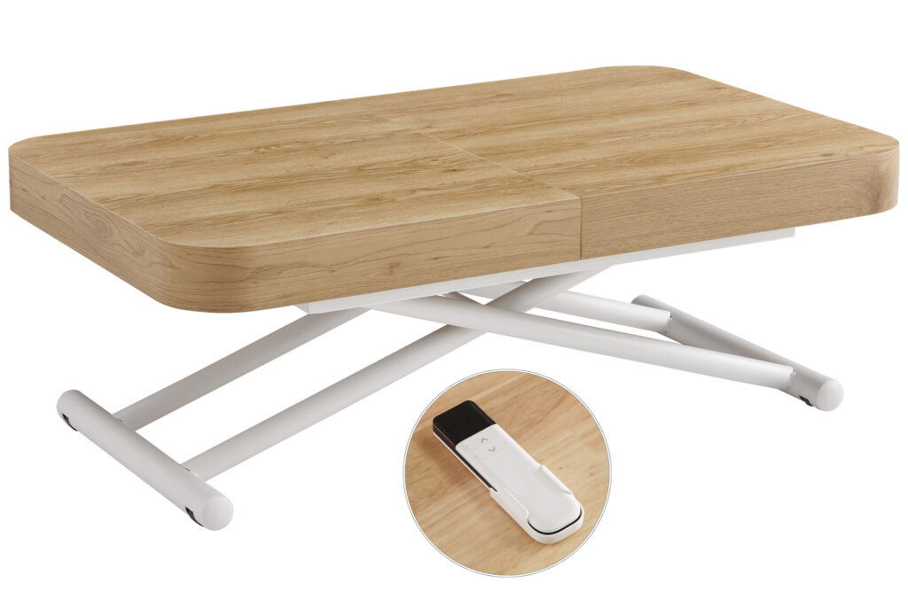 Mesa de centro elevable y extensible Turín con elevación eléctrica, roble y blanco