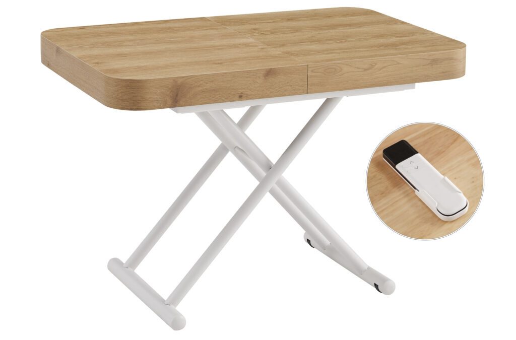 Mesa de centro elevable y extensible Turín con elevación eléctrica, roble y blanco