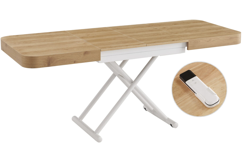 Mesa de centro elevable y extensible Turín con elevación eléctrica, roble y blanco