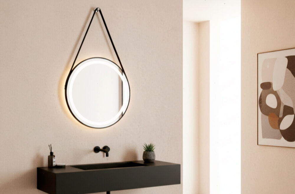Espejo de pared Belt con marco negro e iluminación LED