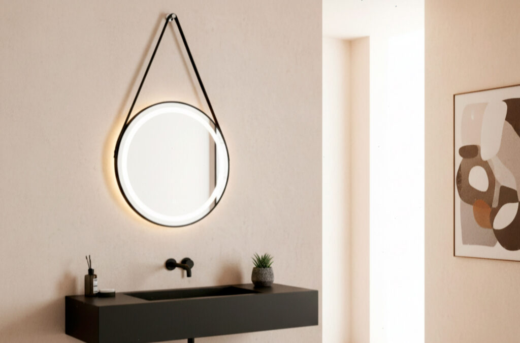 Espejo de pared Belt con marco negro e iluminación LED