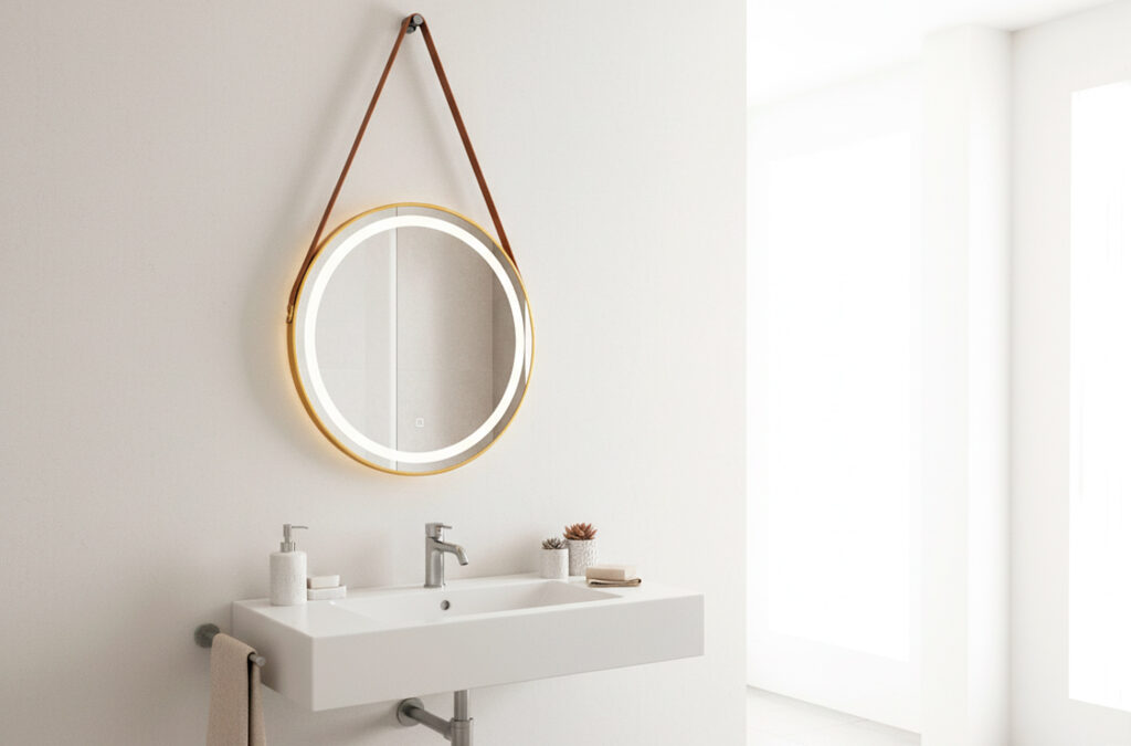 Espejo de pared Belt con marco dorado e iluminación LED