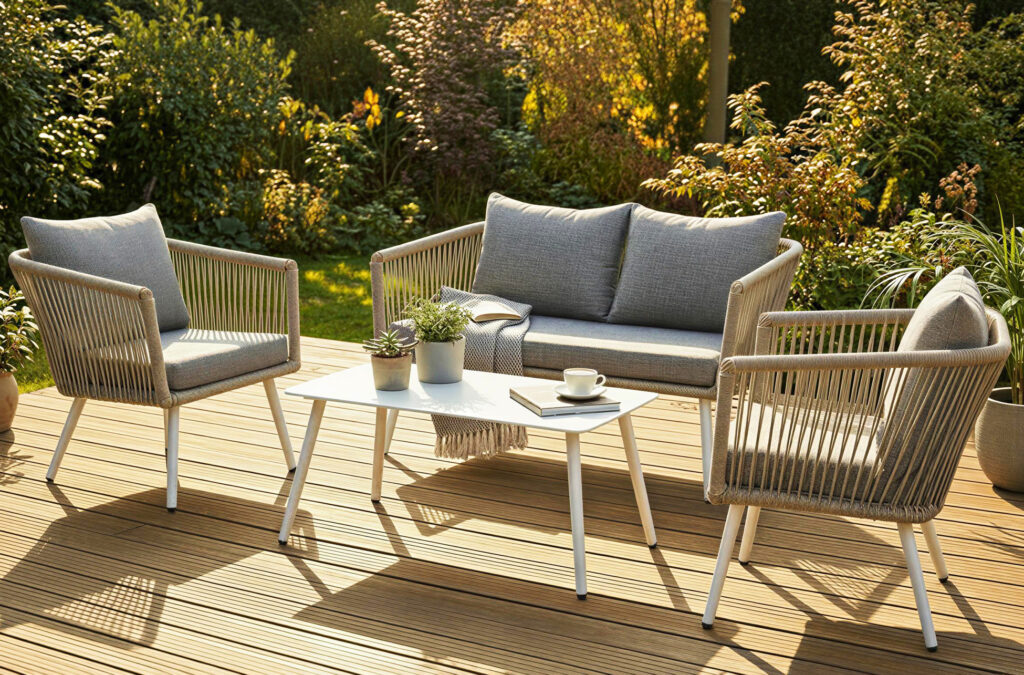 Conjunto de exterior Tirreno en aluminio y rattan gris