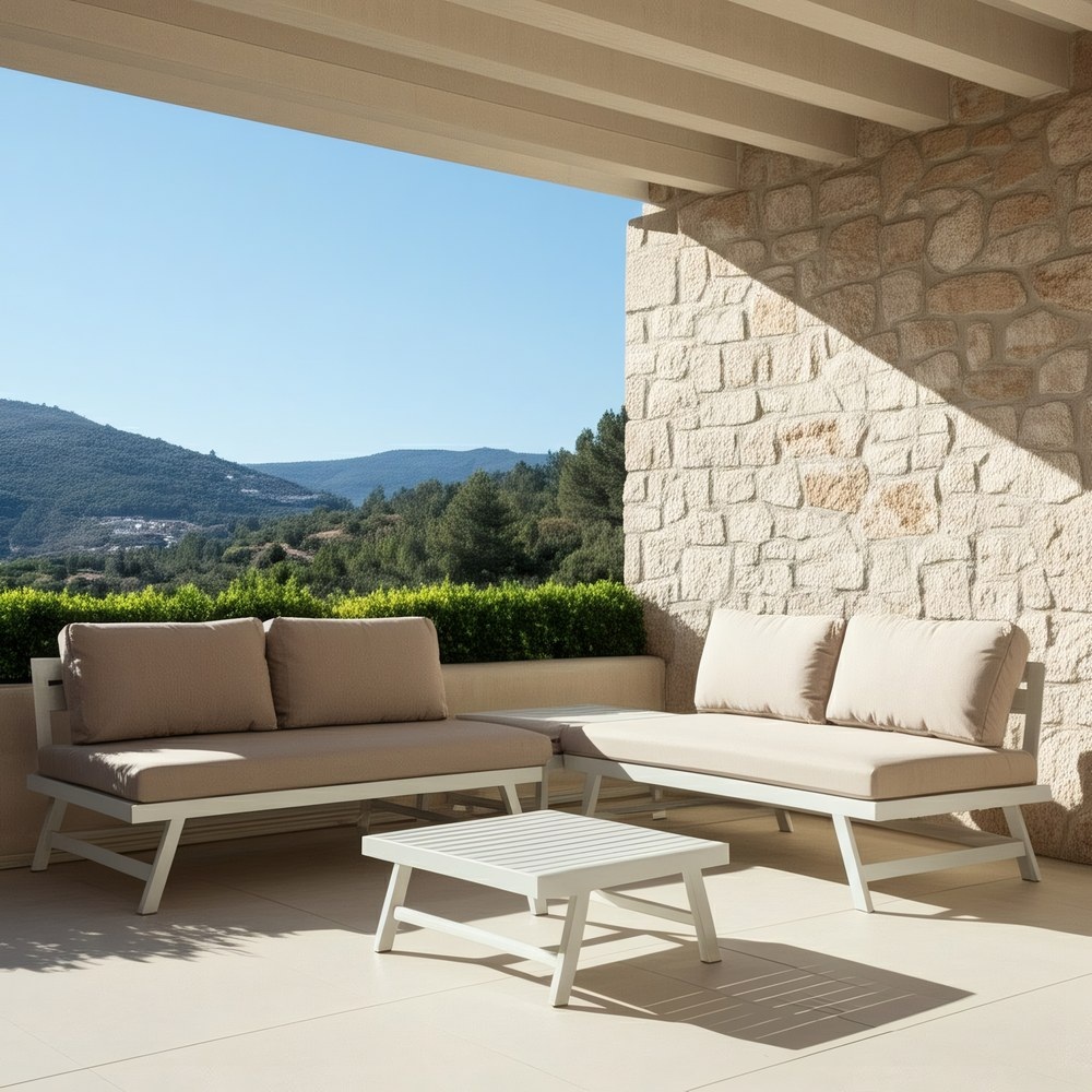 Conjunto jardín beige y blanco aluminio