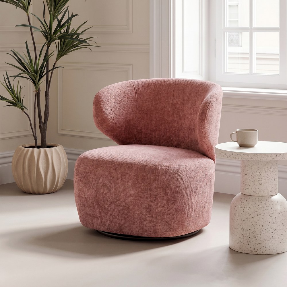 Sillón giratorio rosa tejido y madera