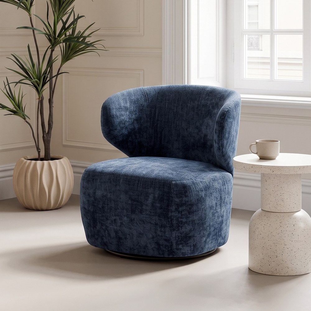 Sillón giratorio azul tejido y madera