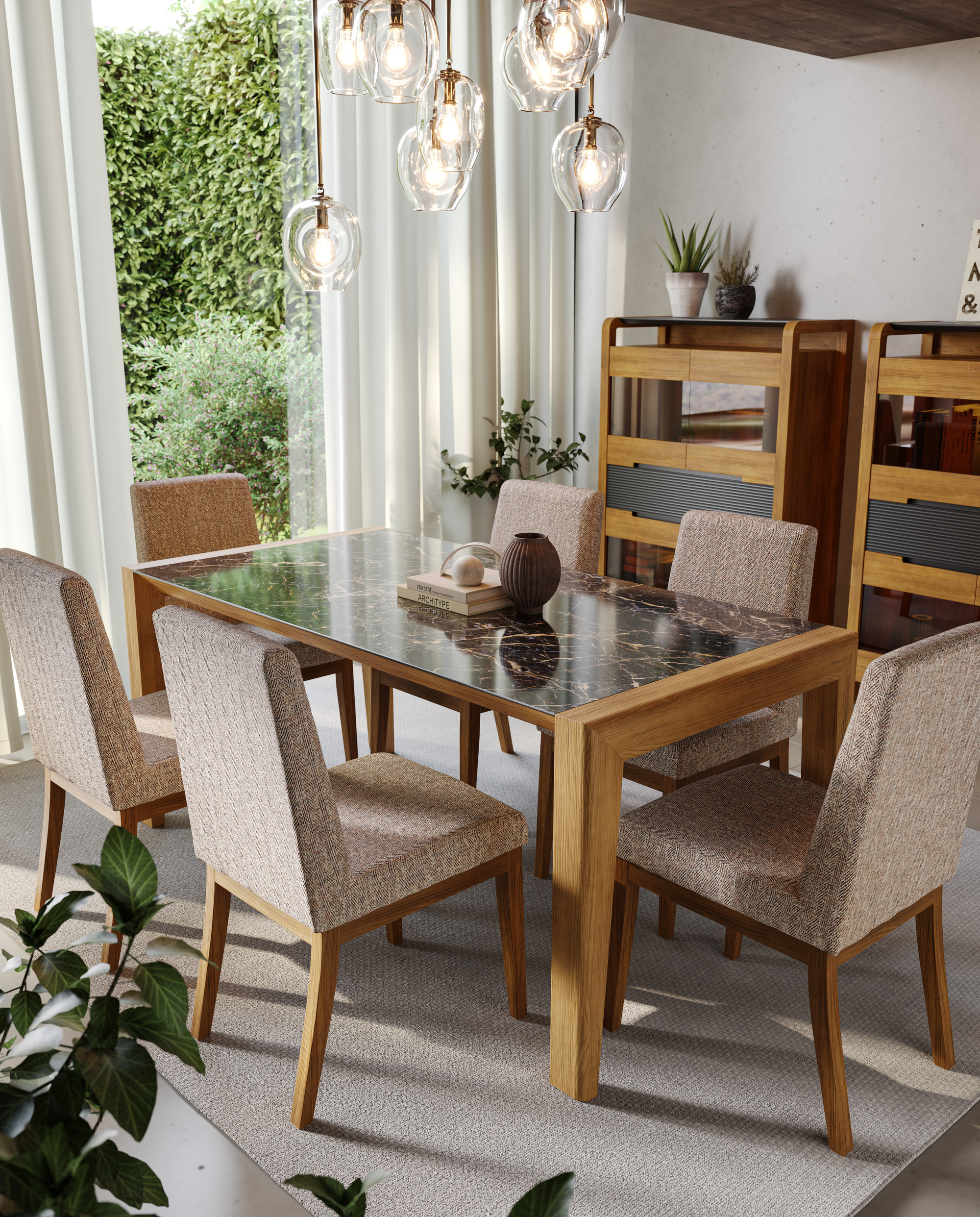Comedor Berna de Grupo Seys con mesa de madera y tapa de piedra, sillas tapizadas y vitrinas