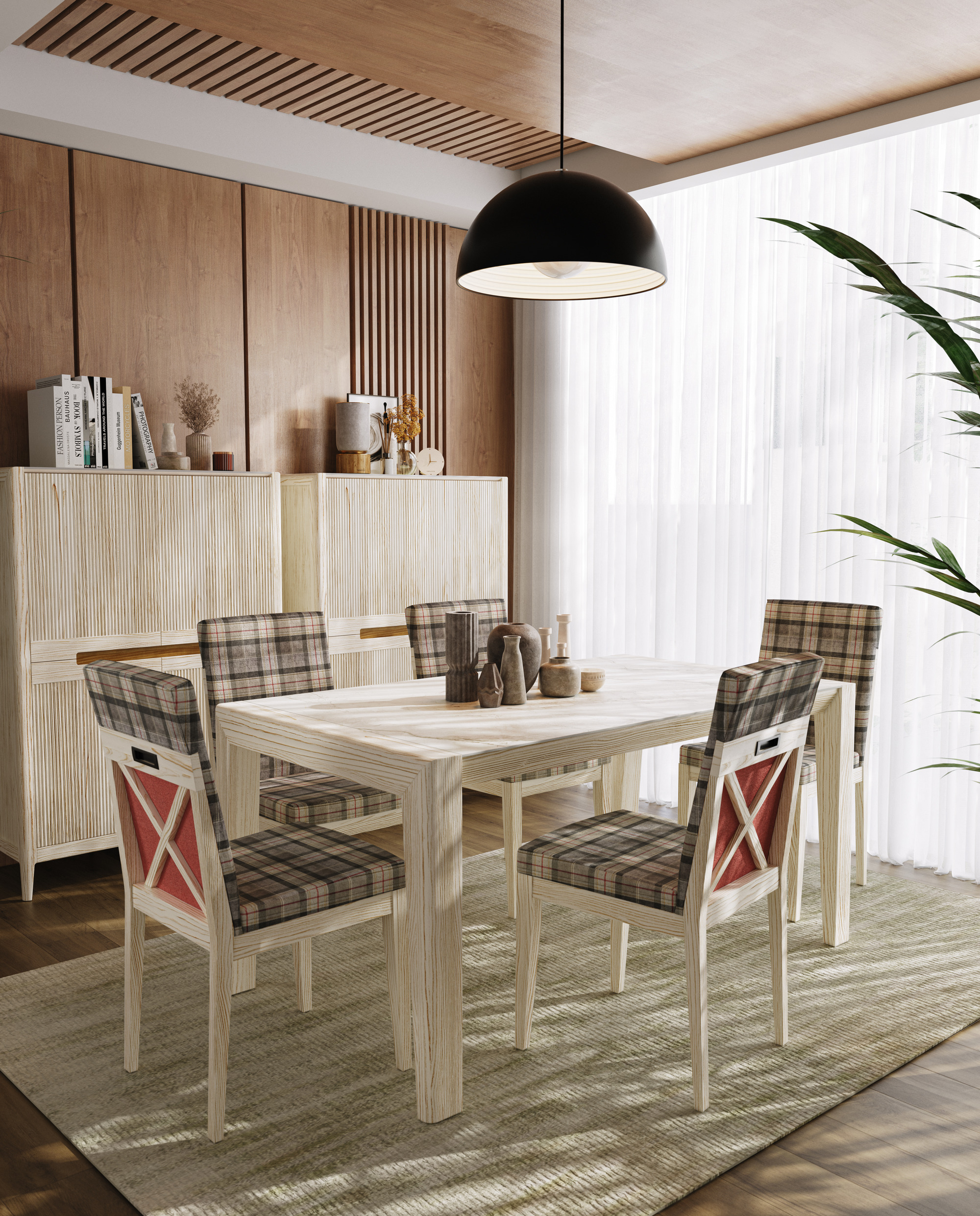 Comedor Tallín de Grupo Seys en blanco, con mesa, sillas tapizadas de cuadros y vajilleros