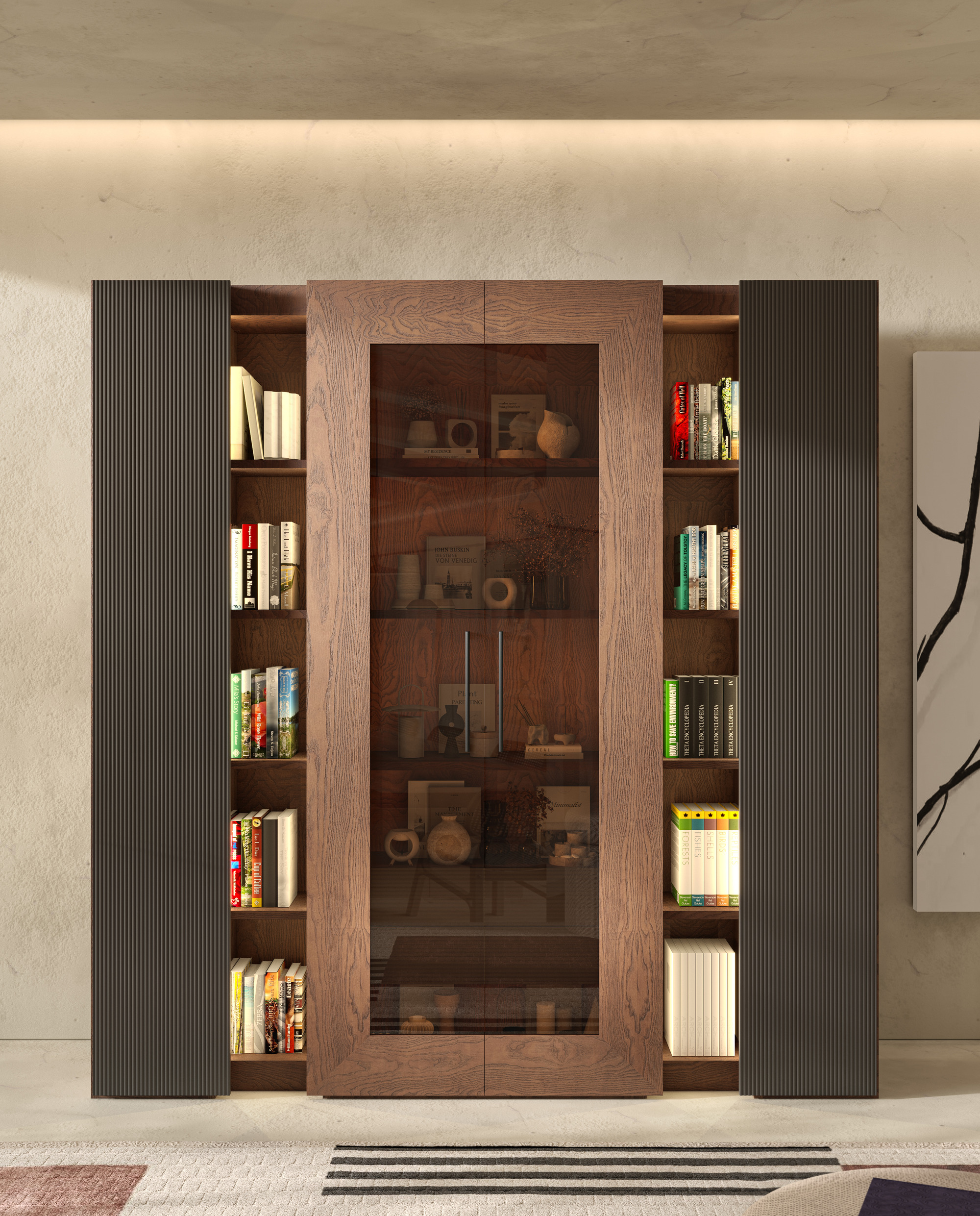 Librería Praga de Grupo Seys con vitrina central de madera y módulos laterales