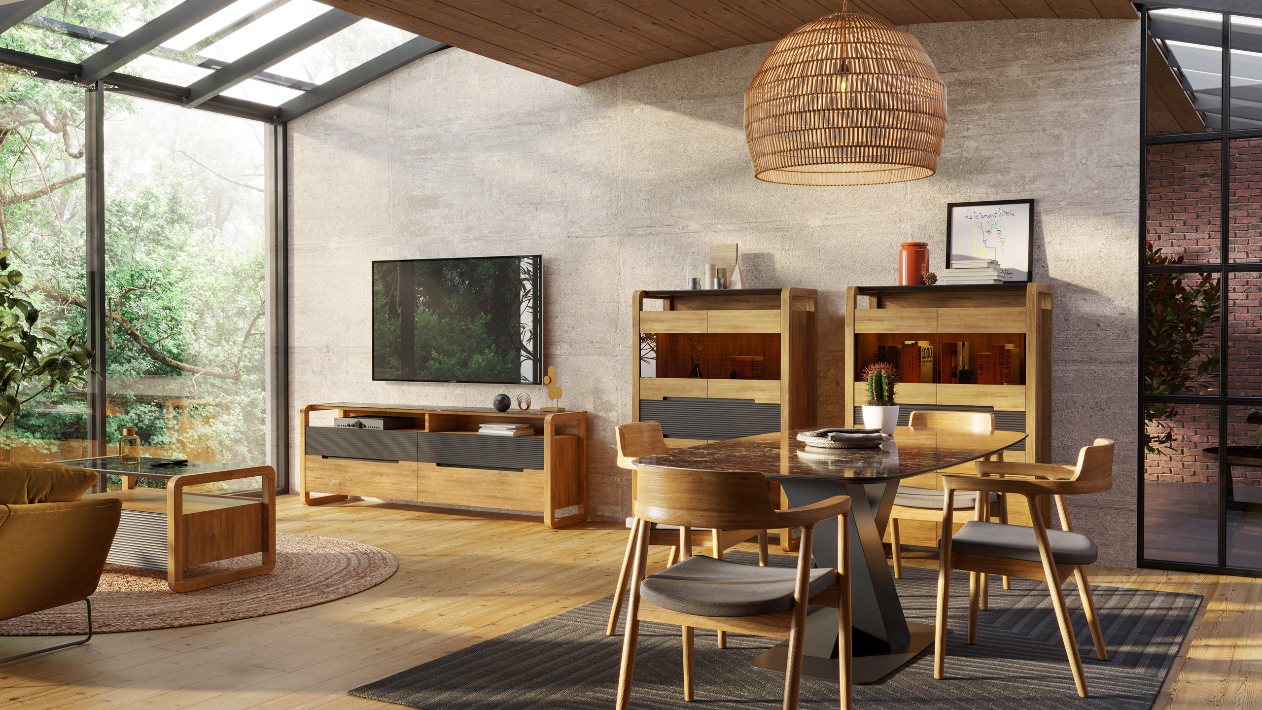 Salón comedor Berna de Grupo Seys en roble, con mueble de TV, vitrinas bajas, mesa de centro y mesa de comedor