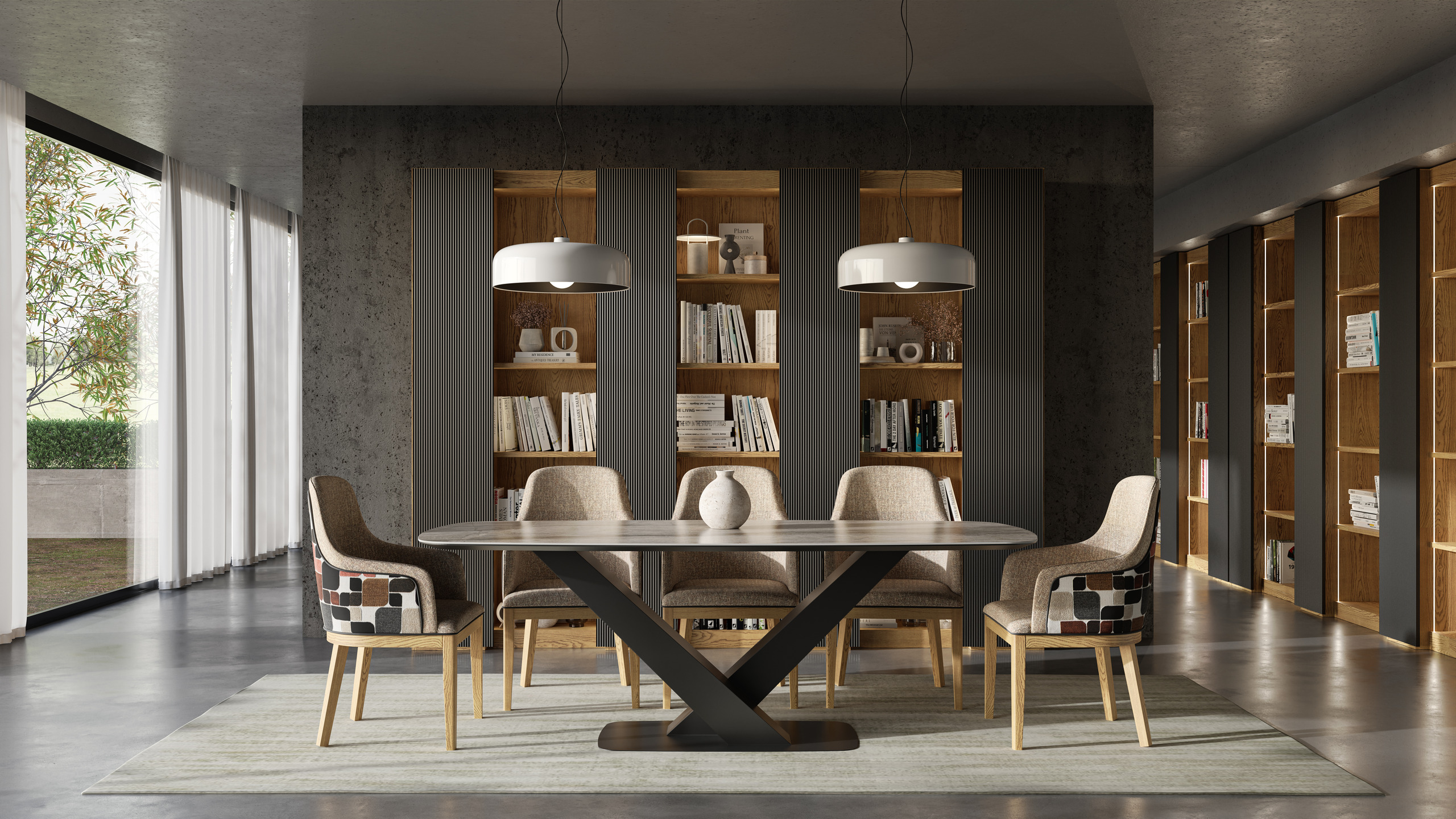 Comedor con librería Praga de Grupo Seys, mesa con pie en aspa y sillones tapizados
