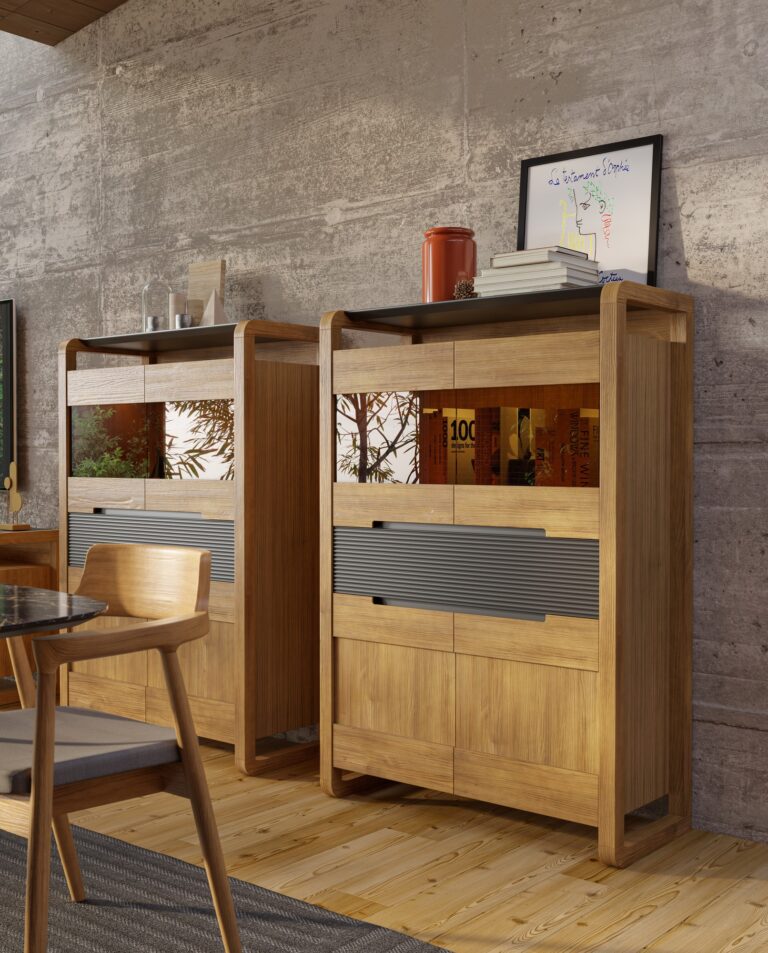 Vitrina baja puerta cristal y madera en ambiente
