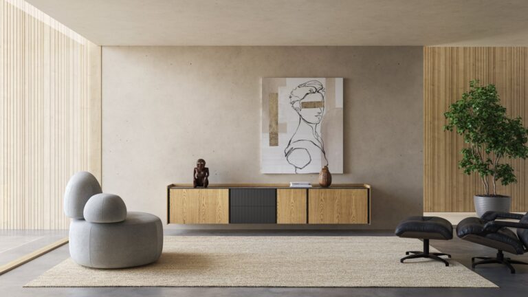 Mueble TV modulable suspendida con cajones moldurados en ambiente