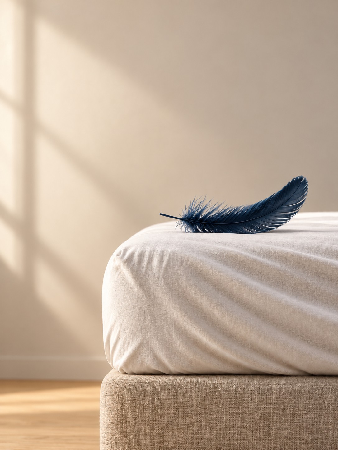 Pluma azul índigo sobre la esquina de un colchón con sábana blanca y canapé tapizado, con luz de ventana